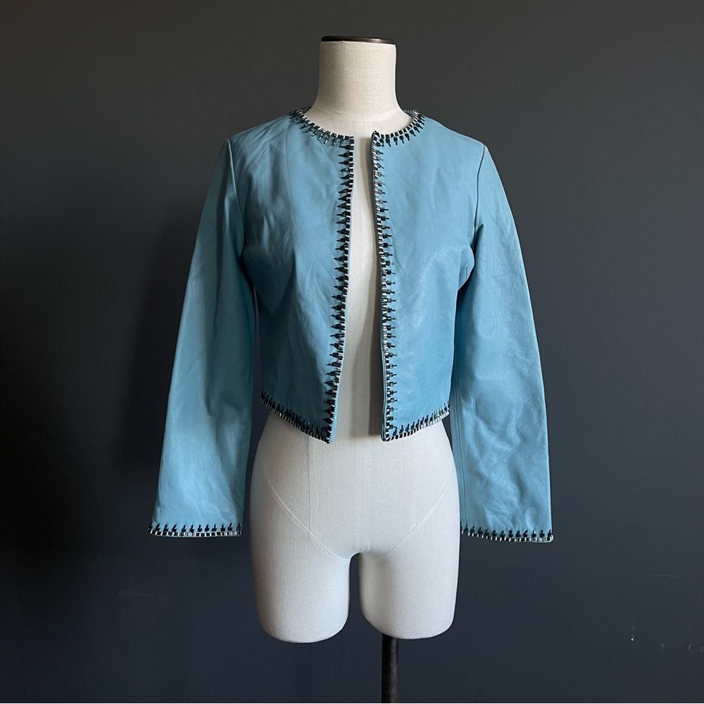 Jane Doe Collection Sky Blue Beaded Trim Cropped Leather Jacket Coastal Cowgirl